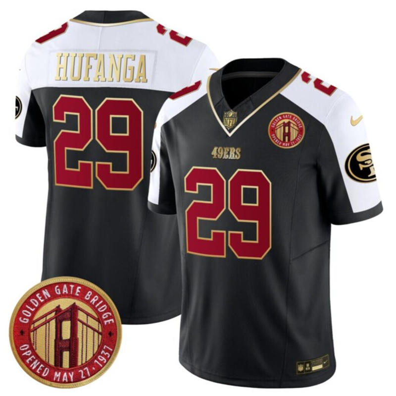 Men's San Francisco 49ers #29 Talanoa Hufanga Balck/White F.U.S.E. Golden Gate Bridge Patch Alternate Vapor Limited Stitched Football Jersey Men's San Francisco 49ers #29 Talanoa Hufanga Balck/White F.U.S.E. Golden Gate Bridge Patch Alternate Vapor Limited Stitched Football Jersey